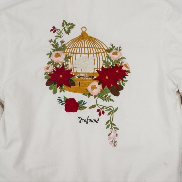 Profound Aesthetic white denim fleece lined trucker jacket | L | embroidered bk - Picture 3 of 15